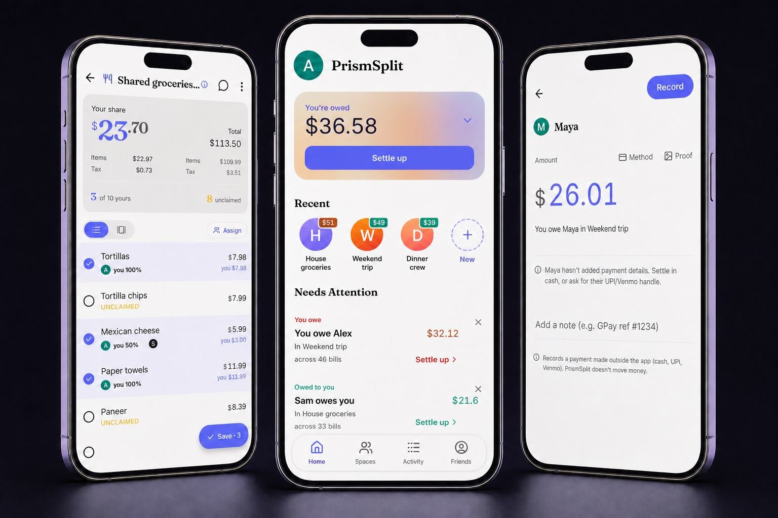 Privacy-safe Fractal screens showing grocery item claims, fictional group balances, and a recorded external payment