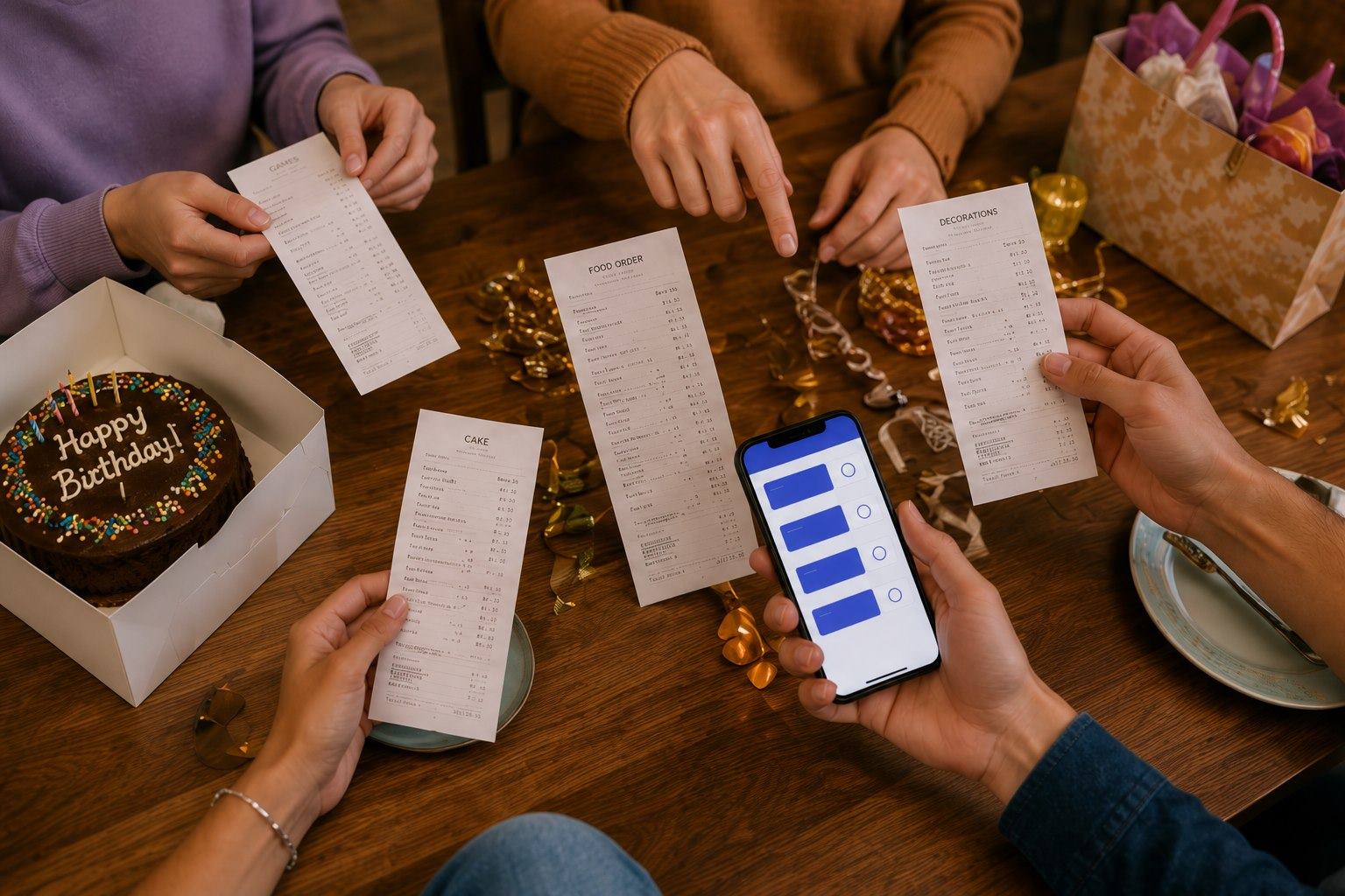 Friends comparing separate cake, food, and decoration receipts for one celebration