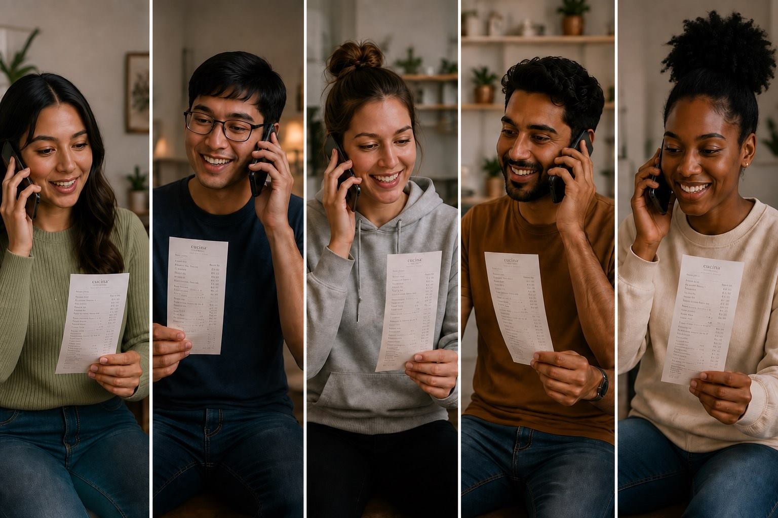 Five travelers on a group call after a trip, each holding a different receipt or bill