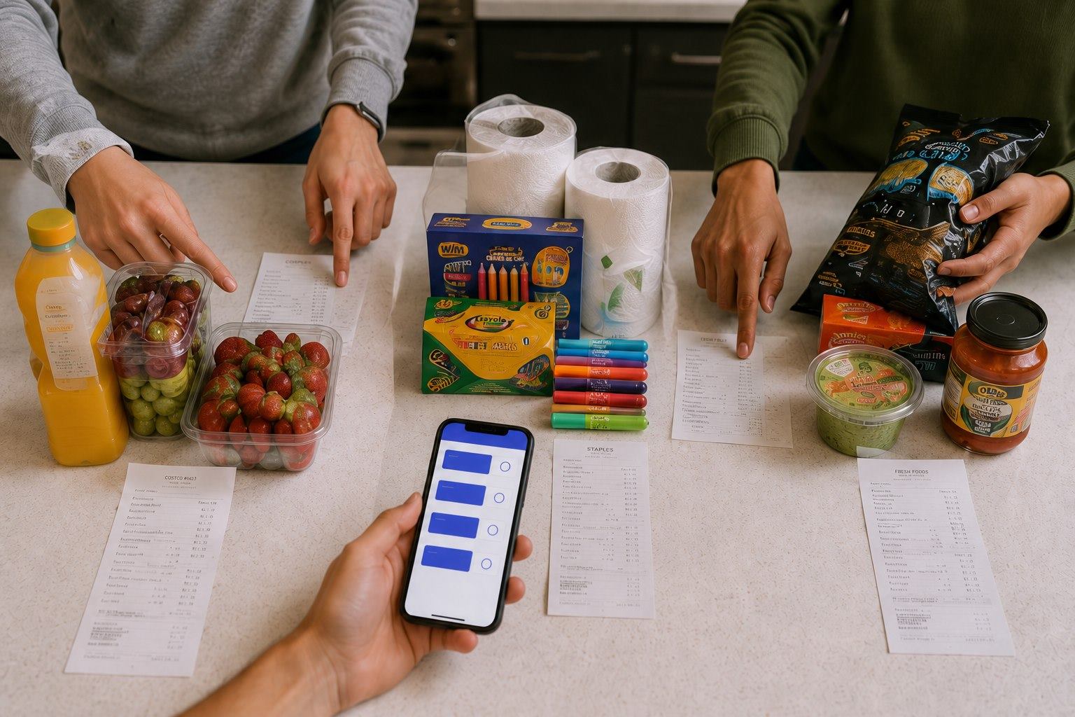 Shared food and supplies from several stores arranged beside separate receipts
